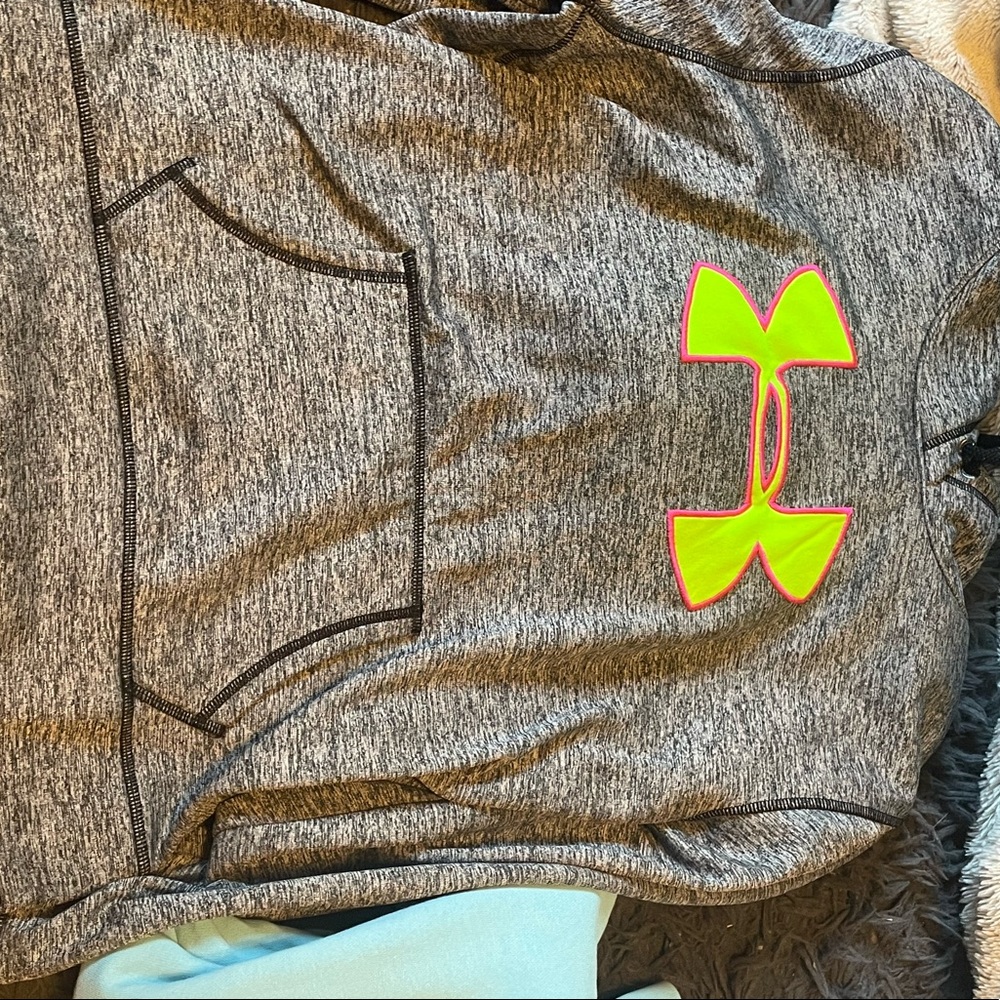 grey pink and neon green under armor hoodie, size small.